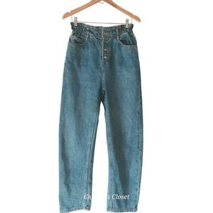 Zara Paperbag Waist Soft Barrel Jeans 6 Medium Wash High Rise Button Fly Y2K